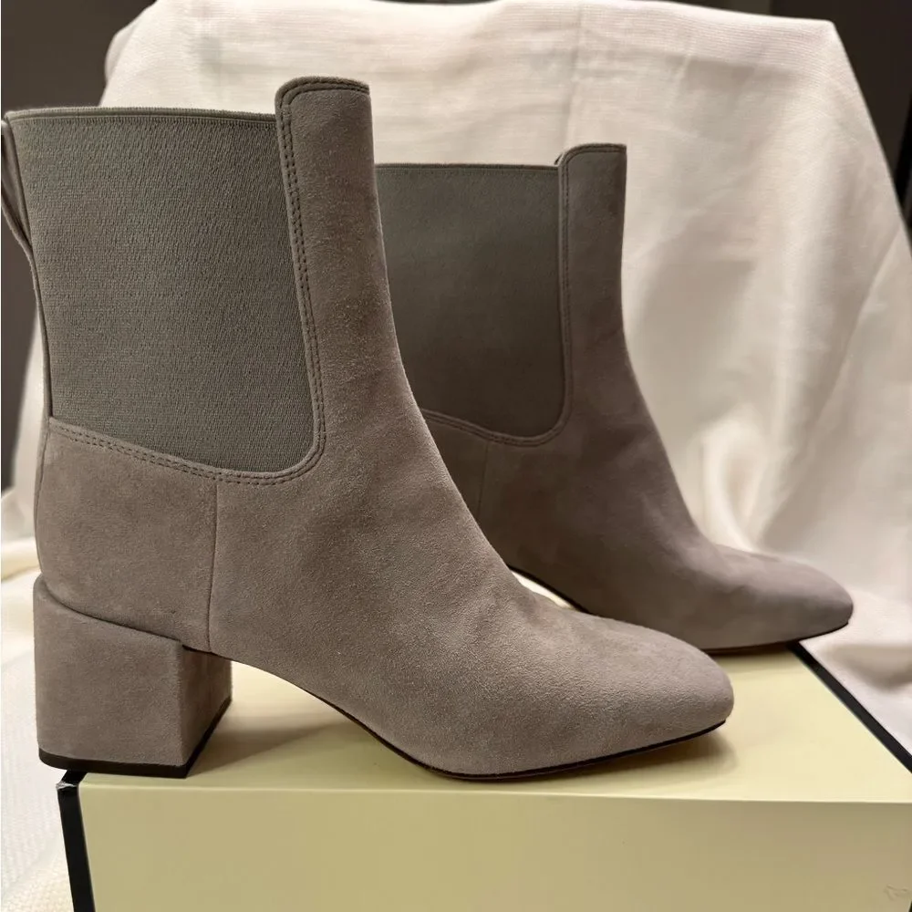 NWOT Vince. Grey suede square toe low block heel Chelsea boots size 7.5 or 38